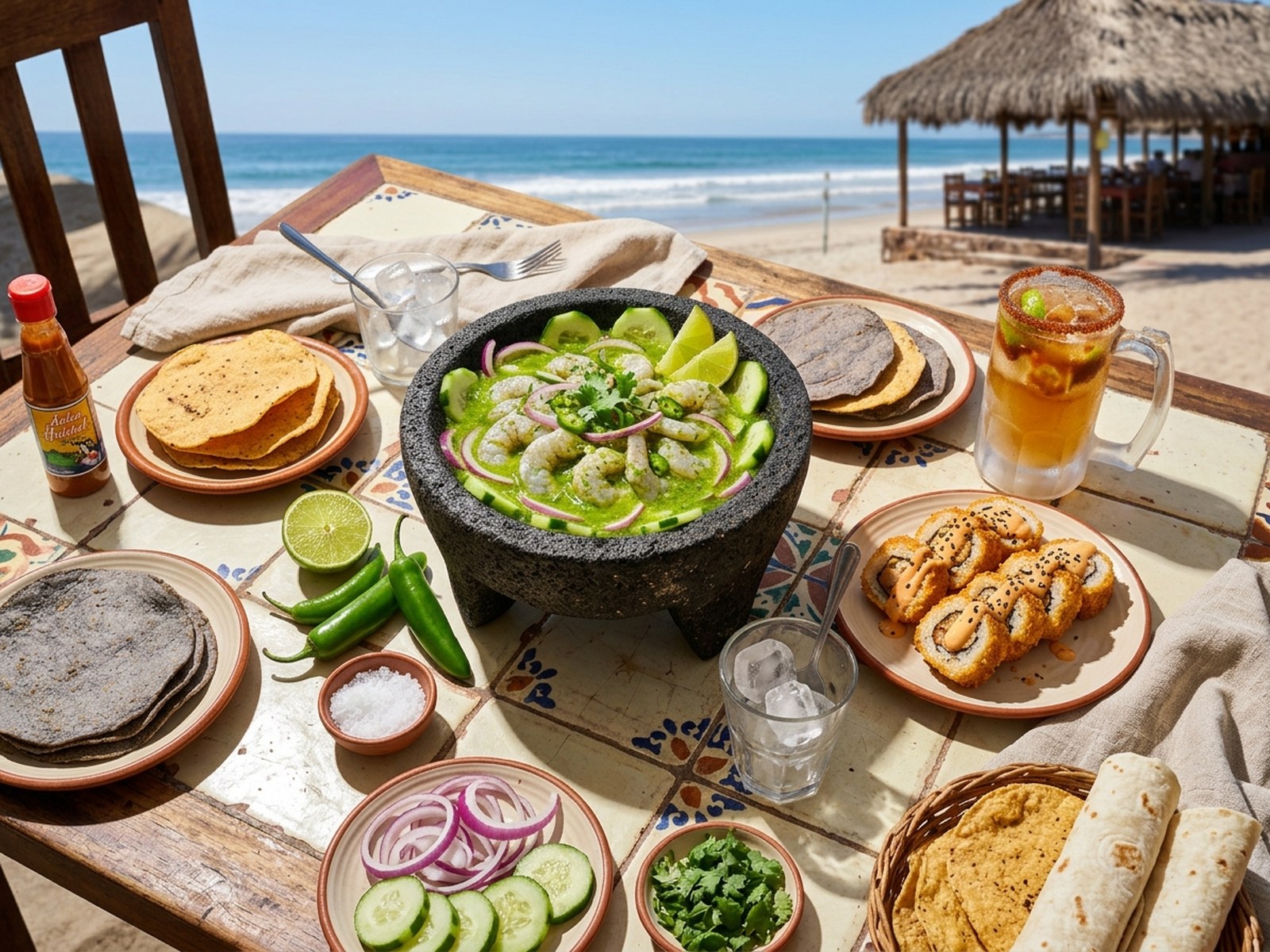 Tabla de mariscos: aguachile verde en molcajete, tostadas y rollos de sushi sinaloense