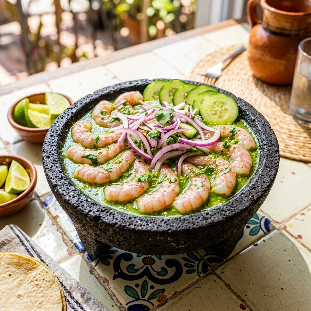 Aguachile verde de camarón en molcajete